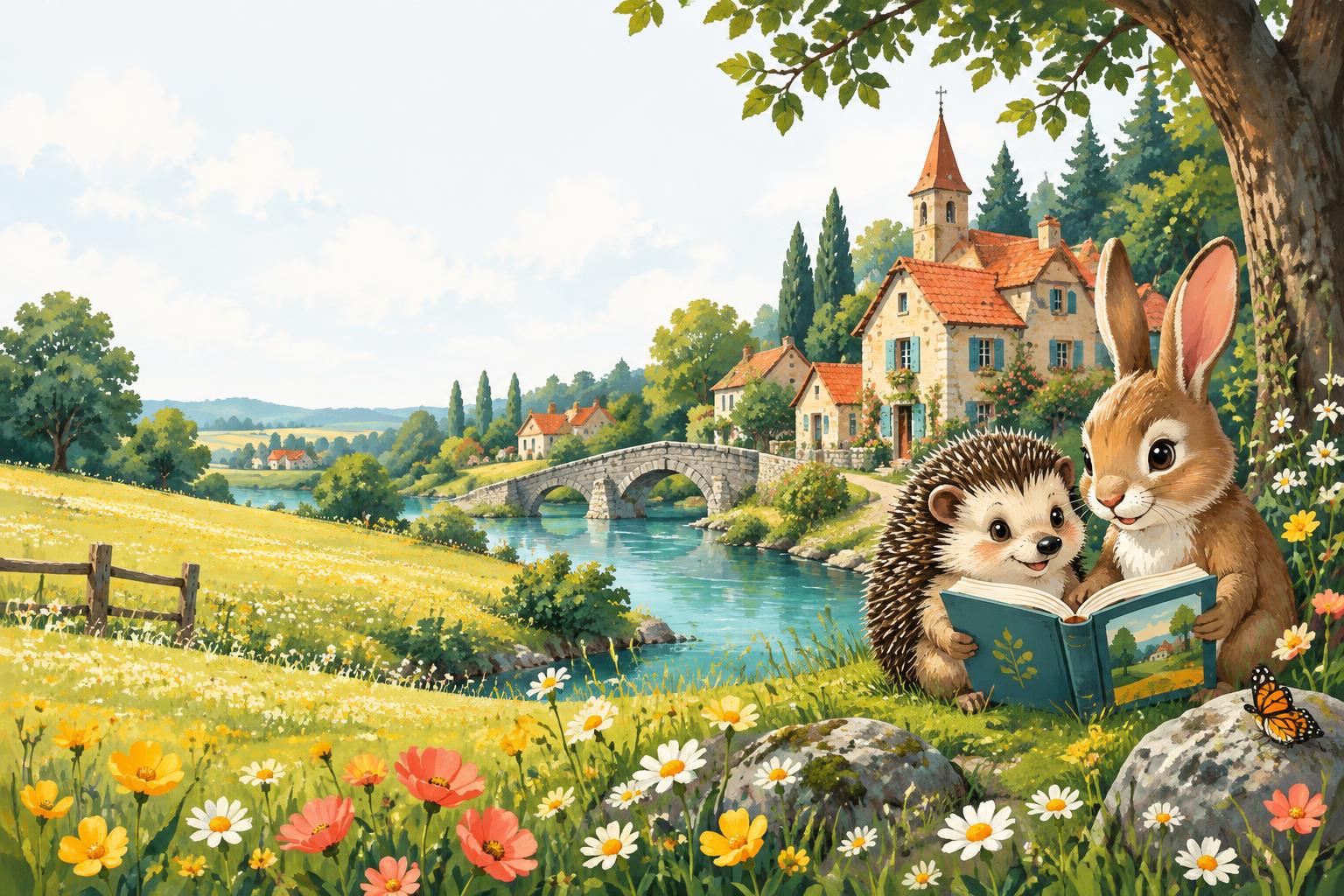 Een egel en konijn lezen samen in een zonnig dorp aan de rivier